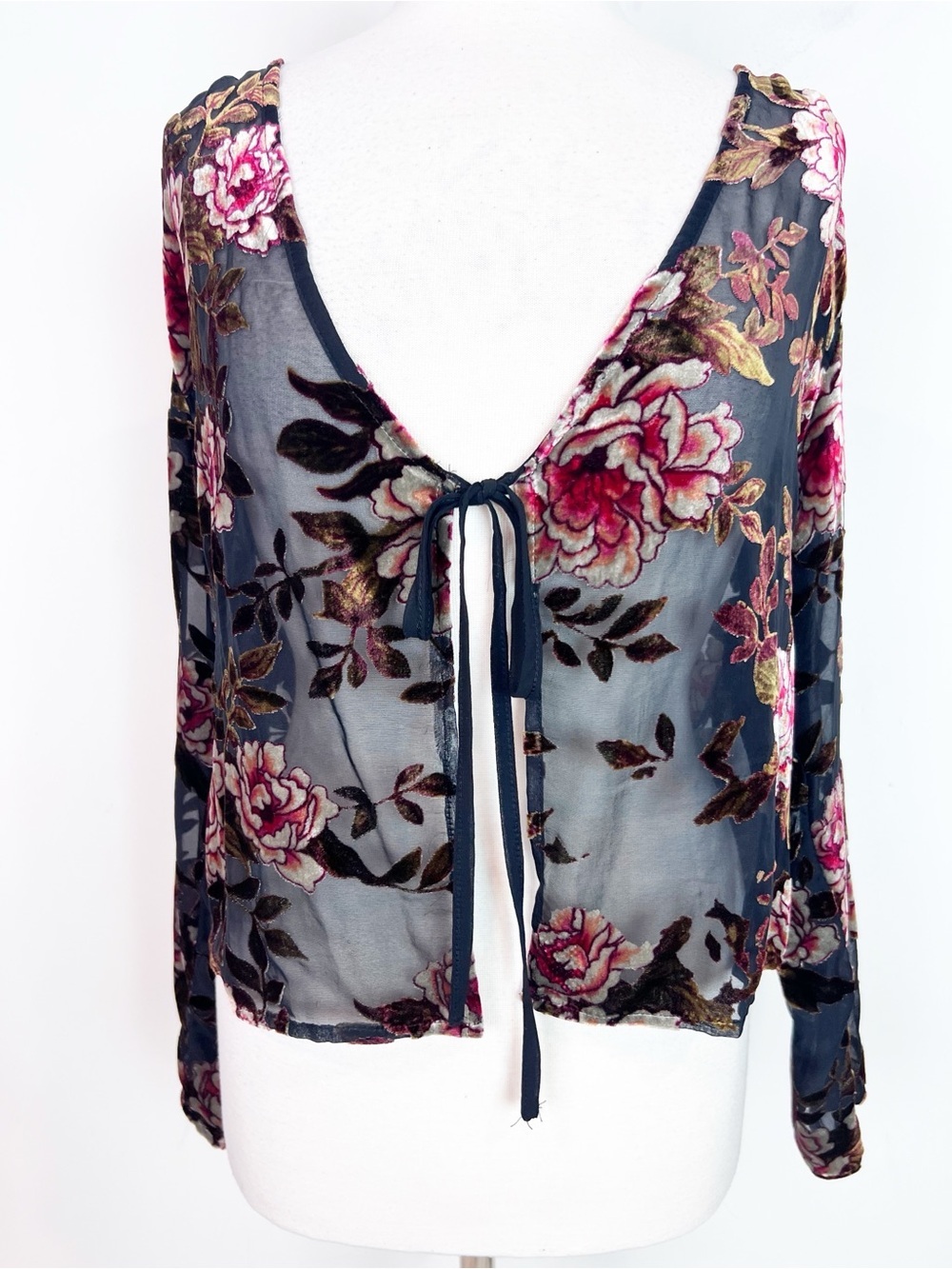 LUCY PARIS BLACK BURNOUT TIE FRONT FLORAL PATTERN BLOUSE WOMENS LARGE